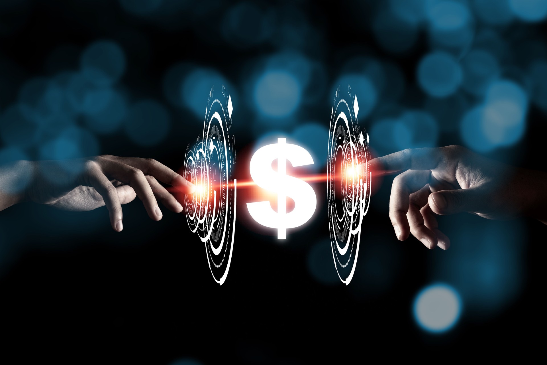Two hand touching pass thru infographic to USD dollar sign with blue bokeh and dark background. US dollar is the main exchange currency in the world. Business concept.